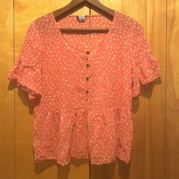 J.Crew Coral Print Silk Blouse-Peplum Hem-Flutter Sleeve-Sz M-Cottagecore-Boho - Picture 1 of 8